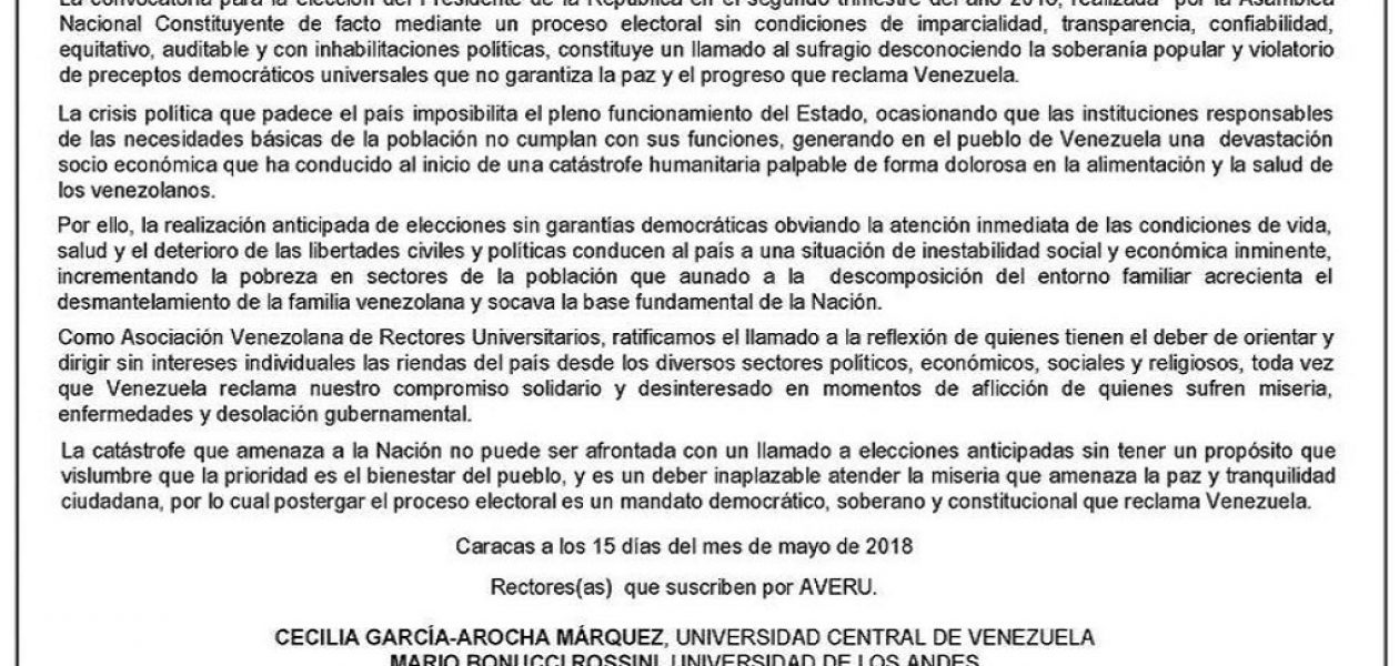 Asociación Venezolana de Rectores Universitarios emitió comunicado rechazando celebración de elecciones