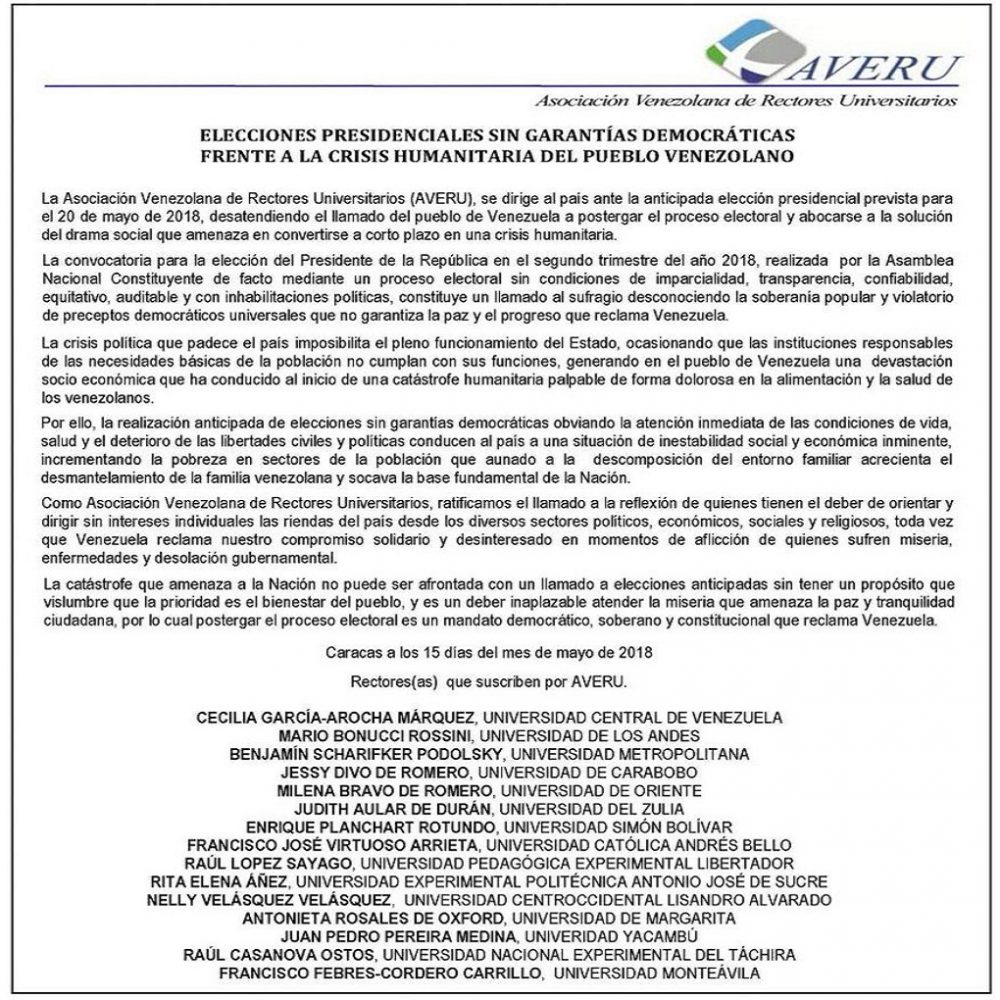 Asociación Venezolana de Rectores Universitarios emitió comunicado rechazando celebración de elecciones