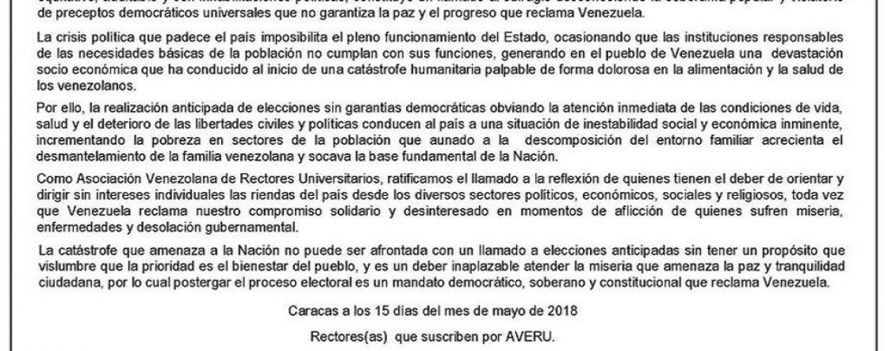 Asociación Venezolana de Rectores Universitarios emitió comunicado rechazando celebración de elecciones