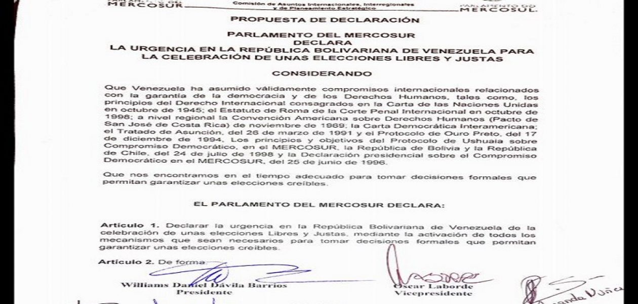 Mercosur  declaró emergencia electoral en Venezuela  (Comunicado)