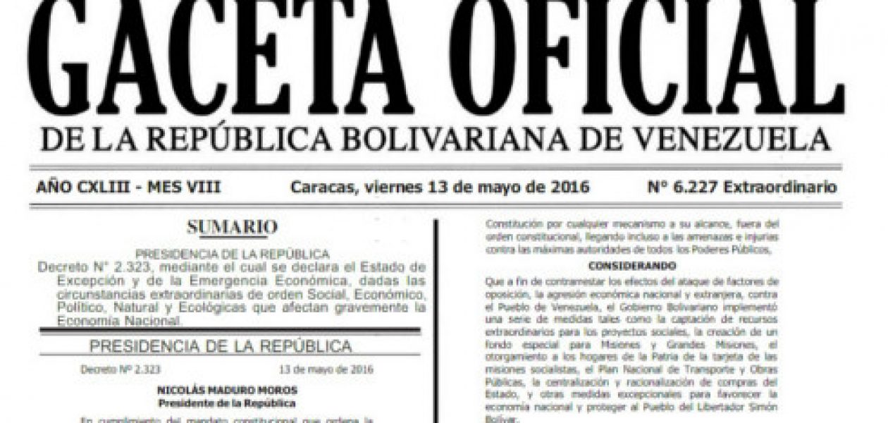 Gaceta Oficial 6.227 oficializa decreto de Estado de Excepción