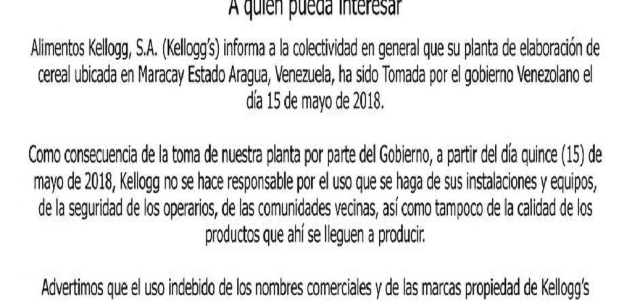 Kelloggs se desentiende de su planta en Maracay (Comunicado)