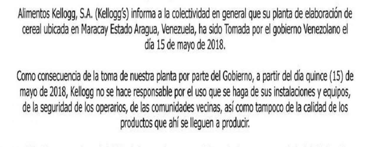 Kelloggs se desentiende de su planta en Maracay (Comunicado)