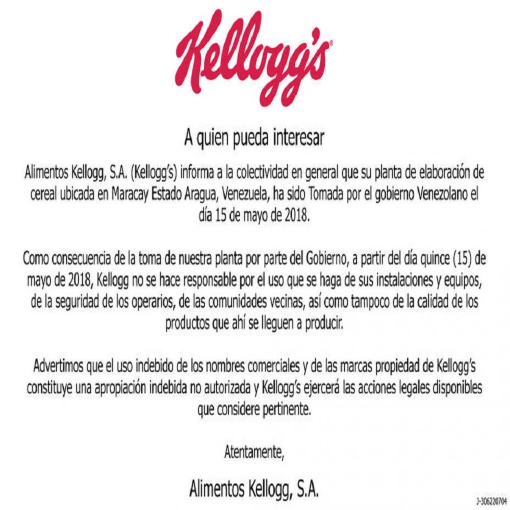 Kelloggs se desentiende de su planta en Maracay (Comunicado)