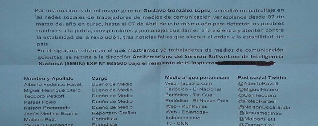 Difunden lista de periodistas perseguidos por el Sebin acusados de «traición a la patria»